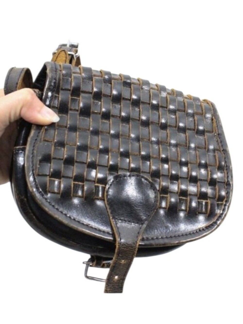 Vintage Woven Leather Mini Crossbody Bag in Dark Brown